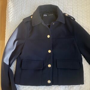 Zara Women's Dark Blue Pea Coat with Gold Accents